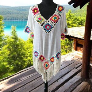 MOOD ( XL ) BOHO Crochet Fringe Hem Tunic Cover-Up Top